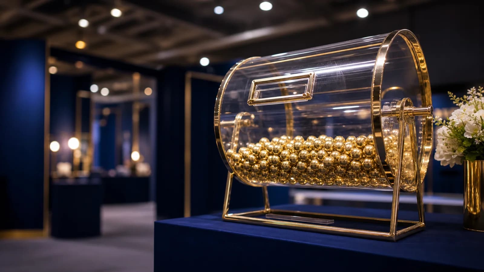 Tabung undian dengan bola emas di area pameran